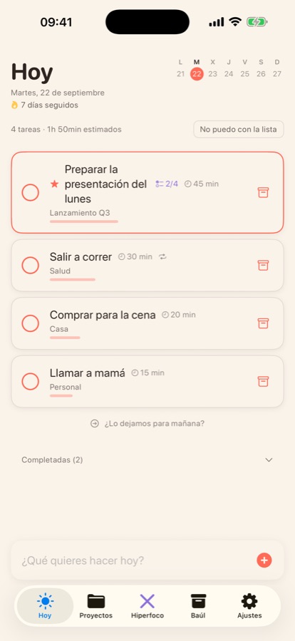 Pantalla Hoy de Hilo en un iPhone, con cuatro tareas del día