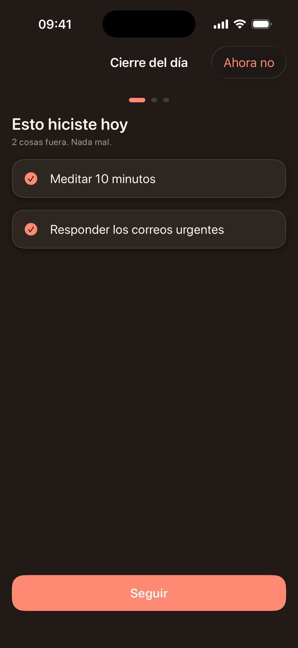 Cierre del día de Hilo en modo oscuro