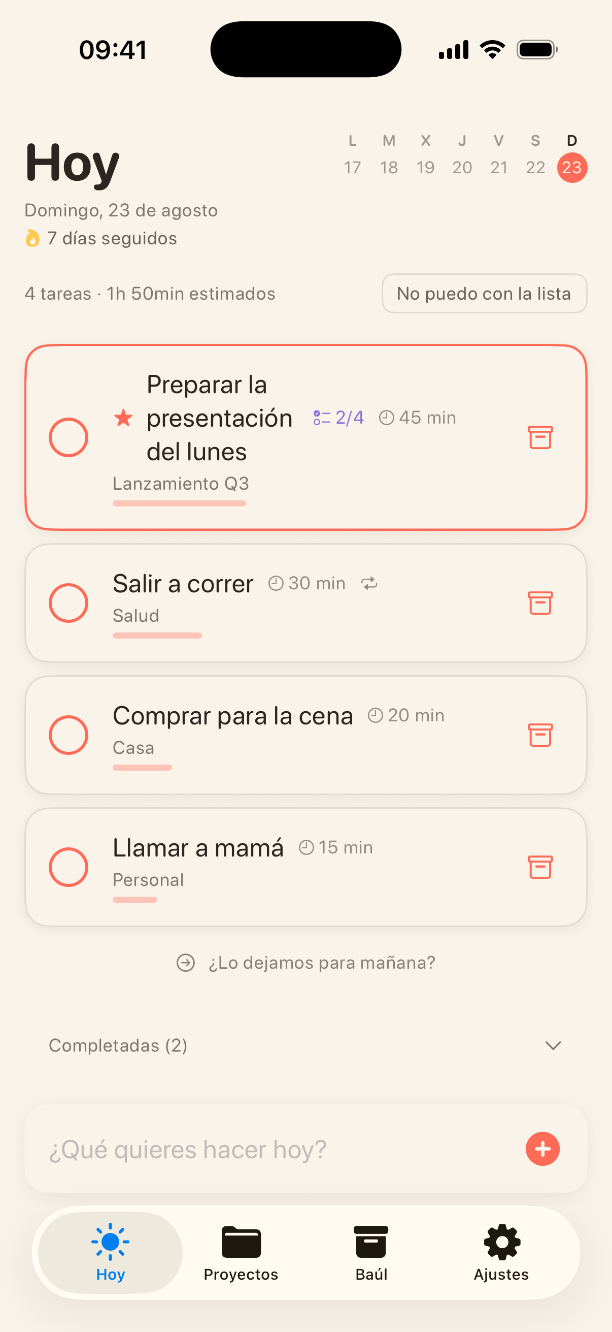 Vista Hoy de Hilo con las tareas del día