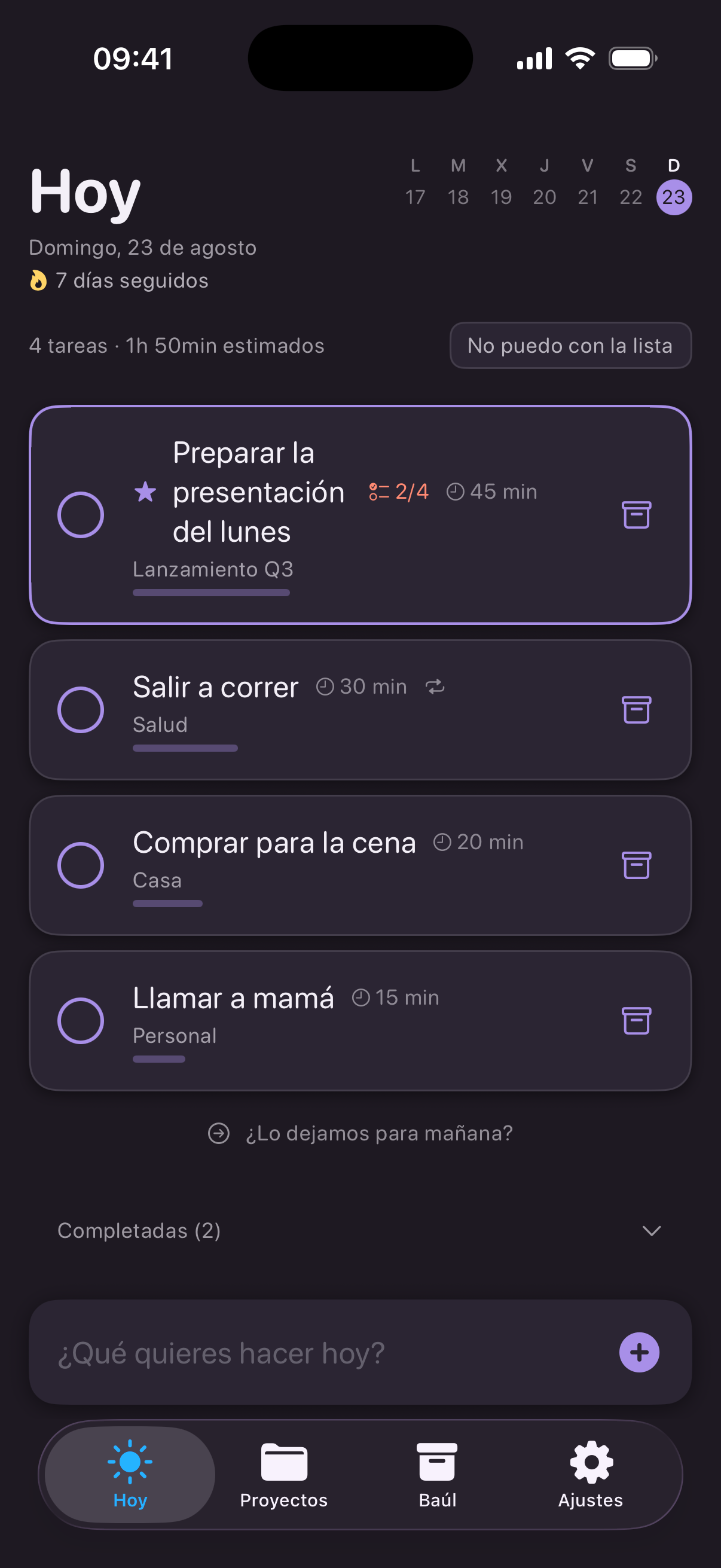 Hilo con el tema Lavanda en modo oscuro