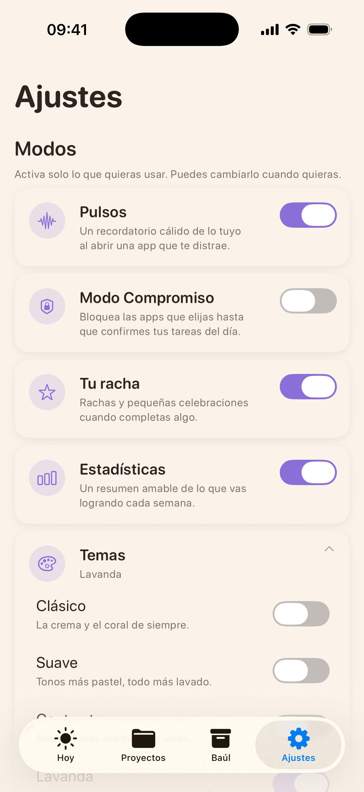Panel de temas de Hilo